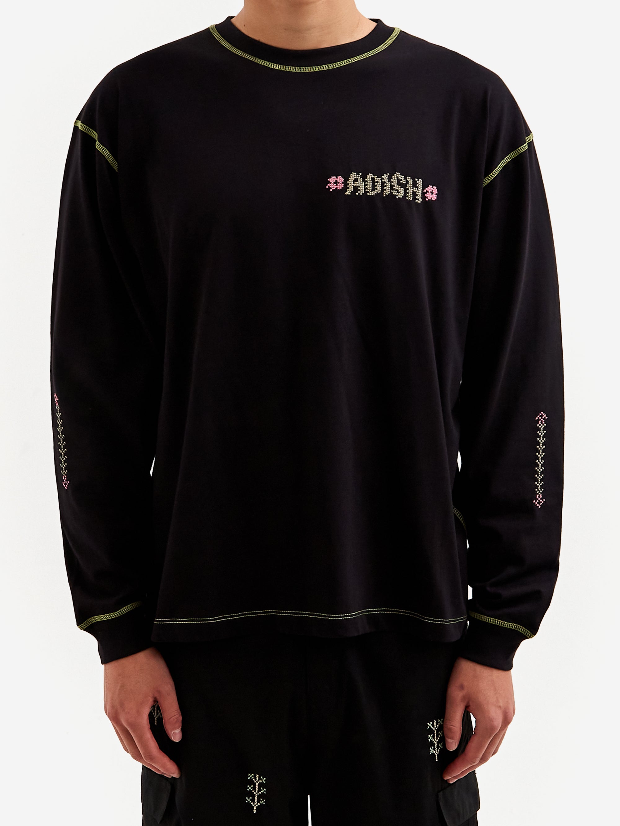 Adish Tatreez Logo Contrast Stitched Long Sleeve Shirt - Black