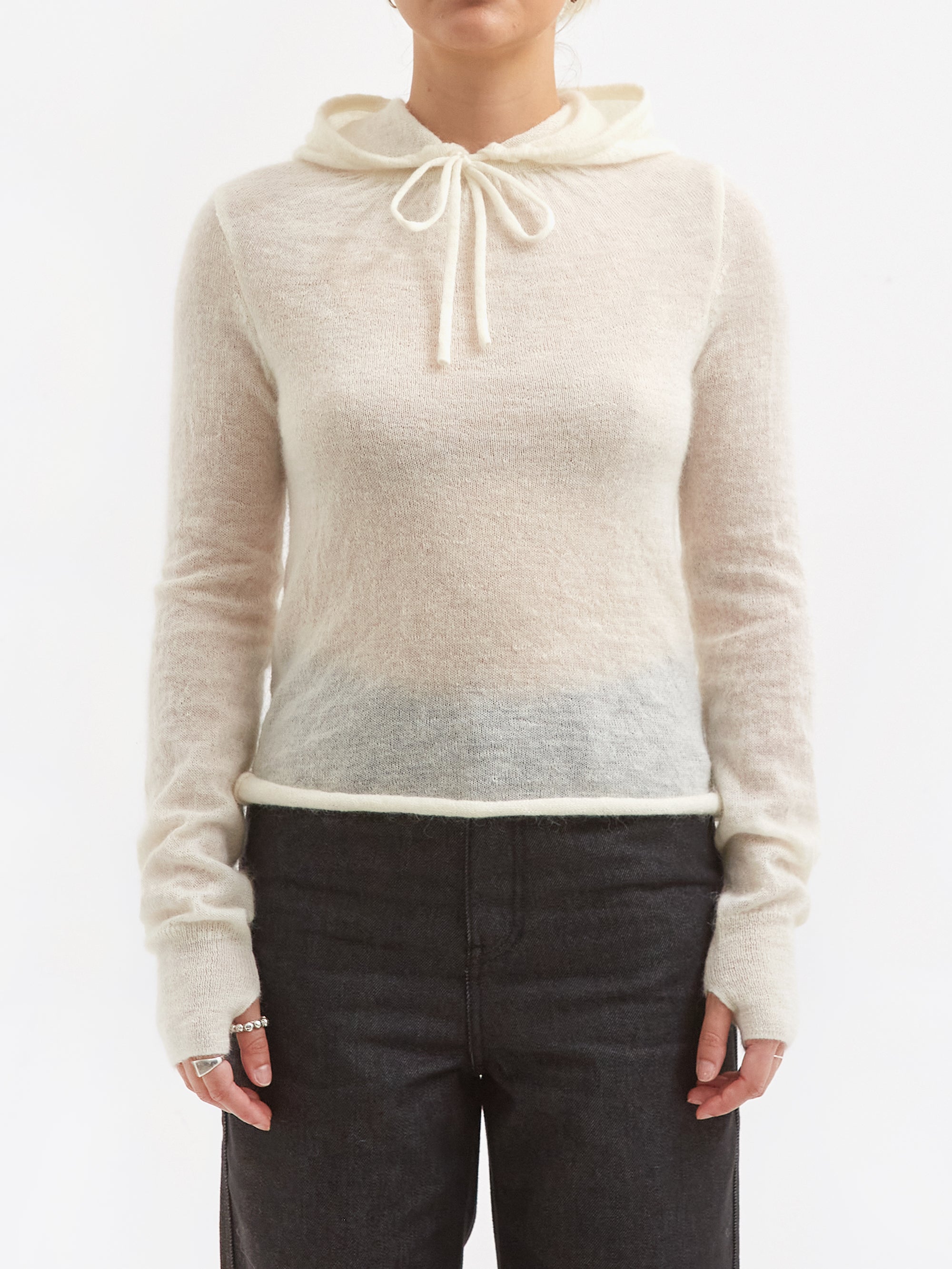 AMOMENTO Sheer Drawstring Knit Hoodie - Ivory – Goodhood