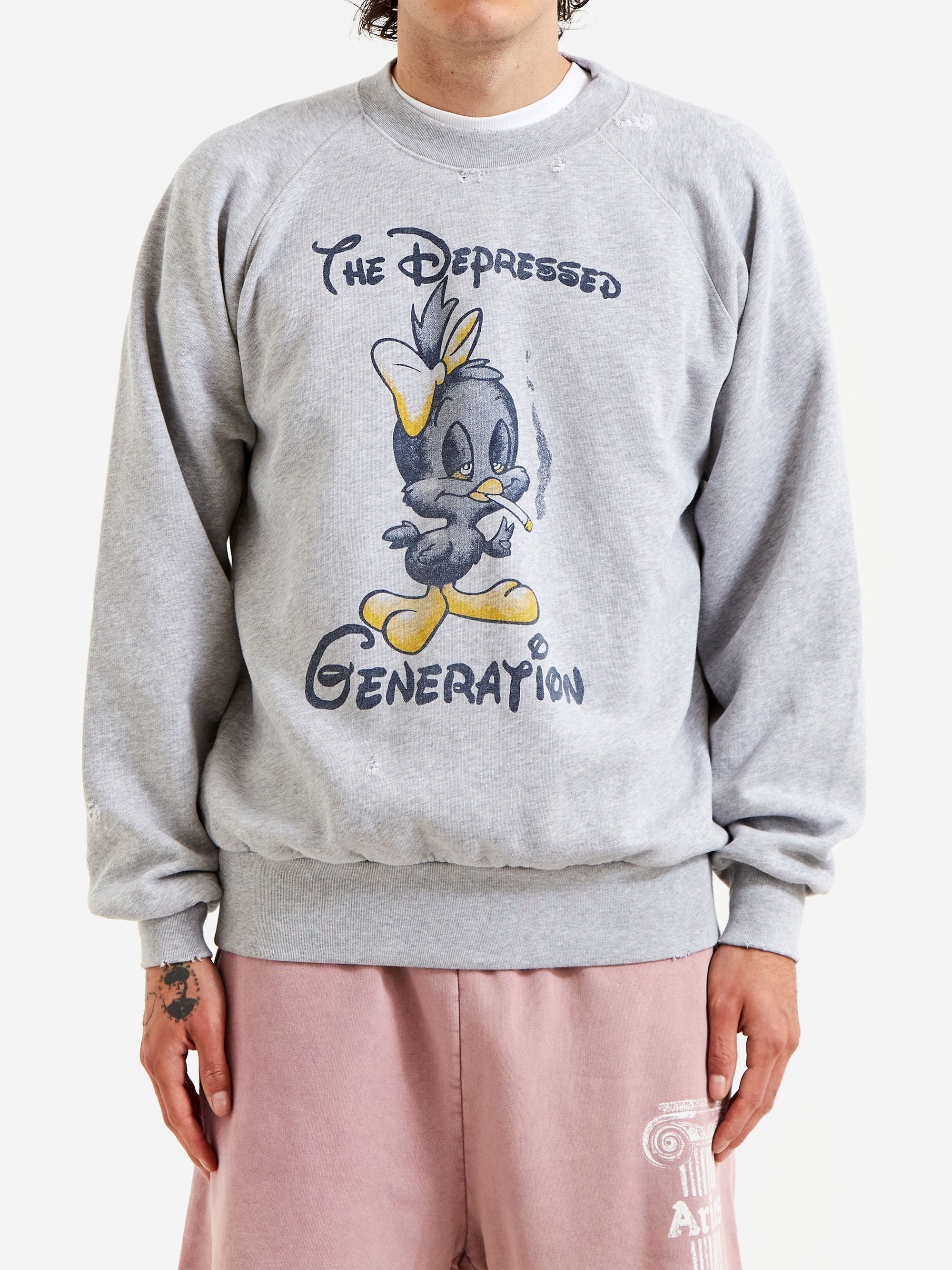 Aries Destroyed Weedie Pie Raglan Sweat - Light Grey Marl – Goodhood