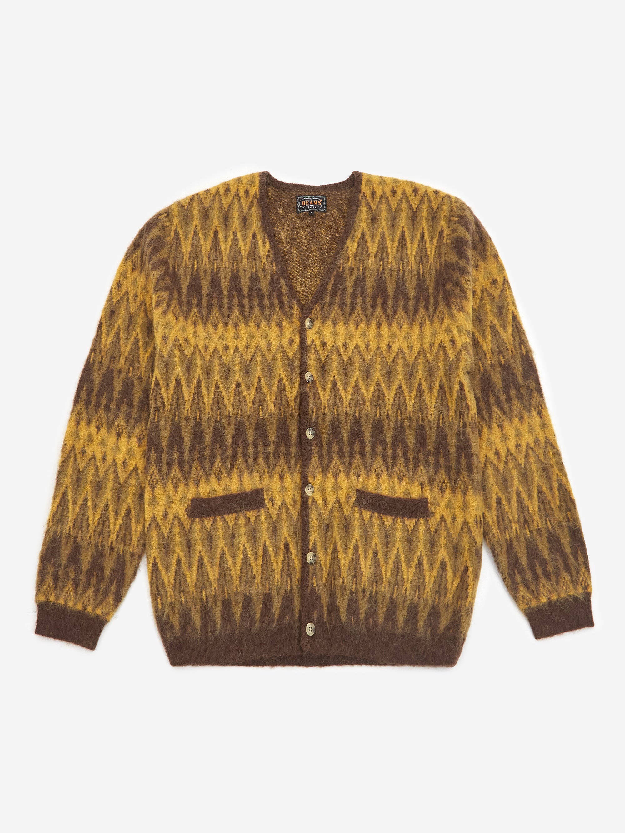 Beams Plus Cardigan Double Jacquard Chevron Pattern - Brown – Goodhood