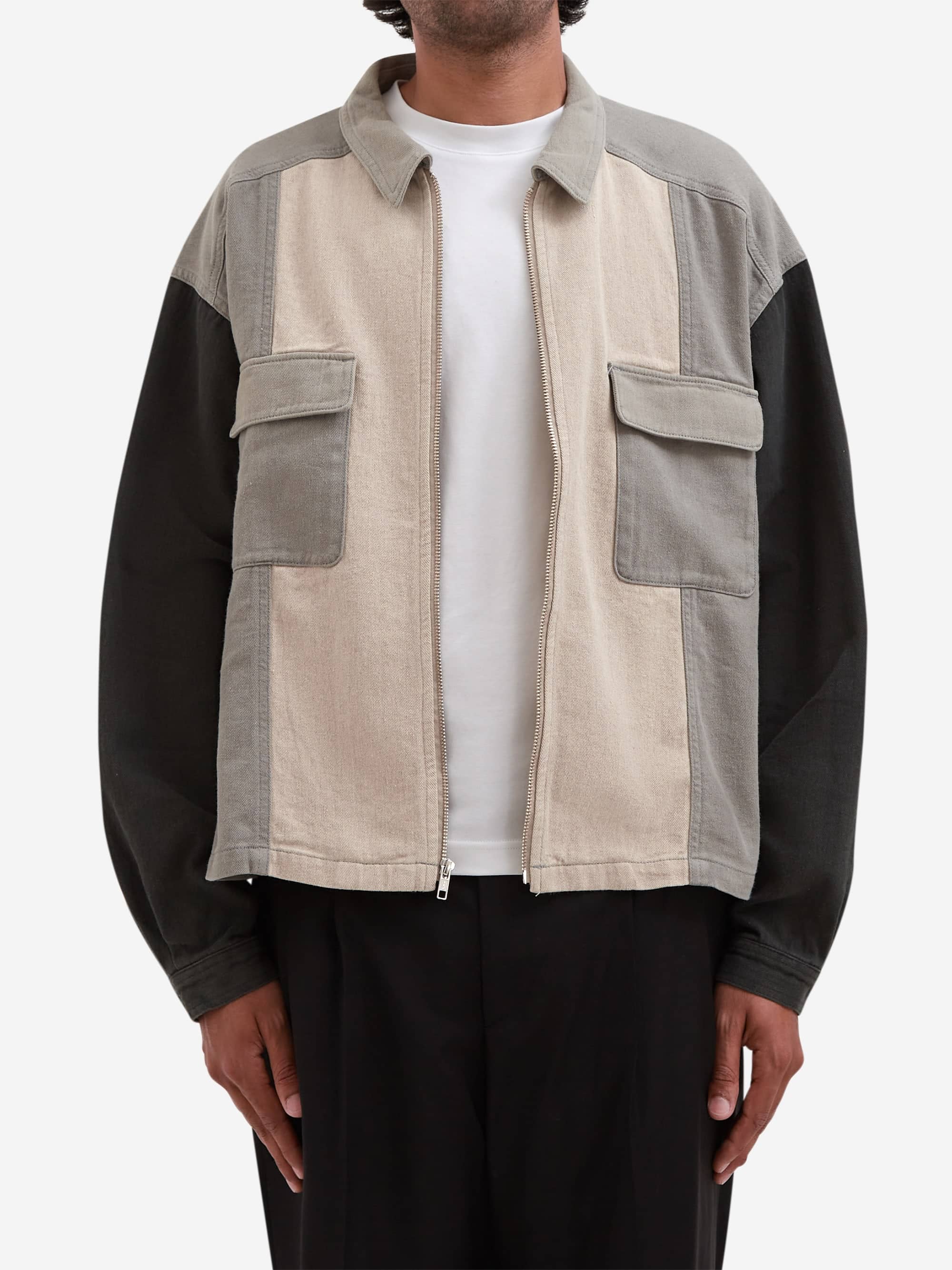 C.E Cav Empt Stripe Cut Short Shirt Jacket - Grey/Black Patchwork