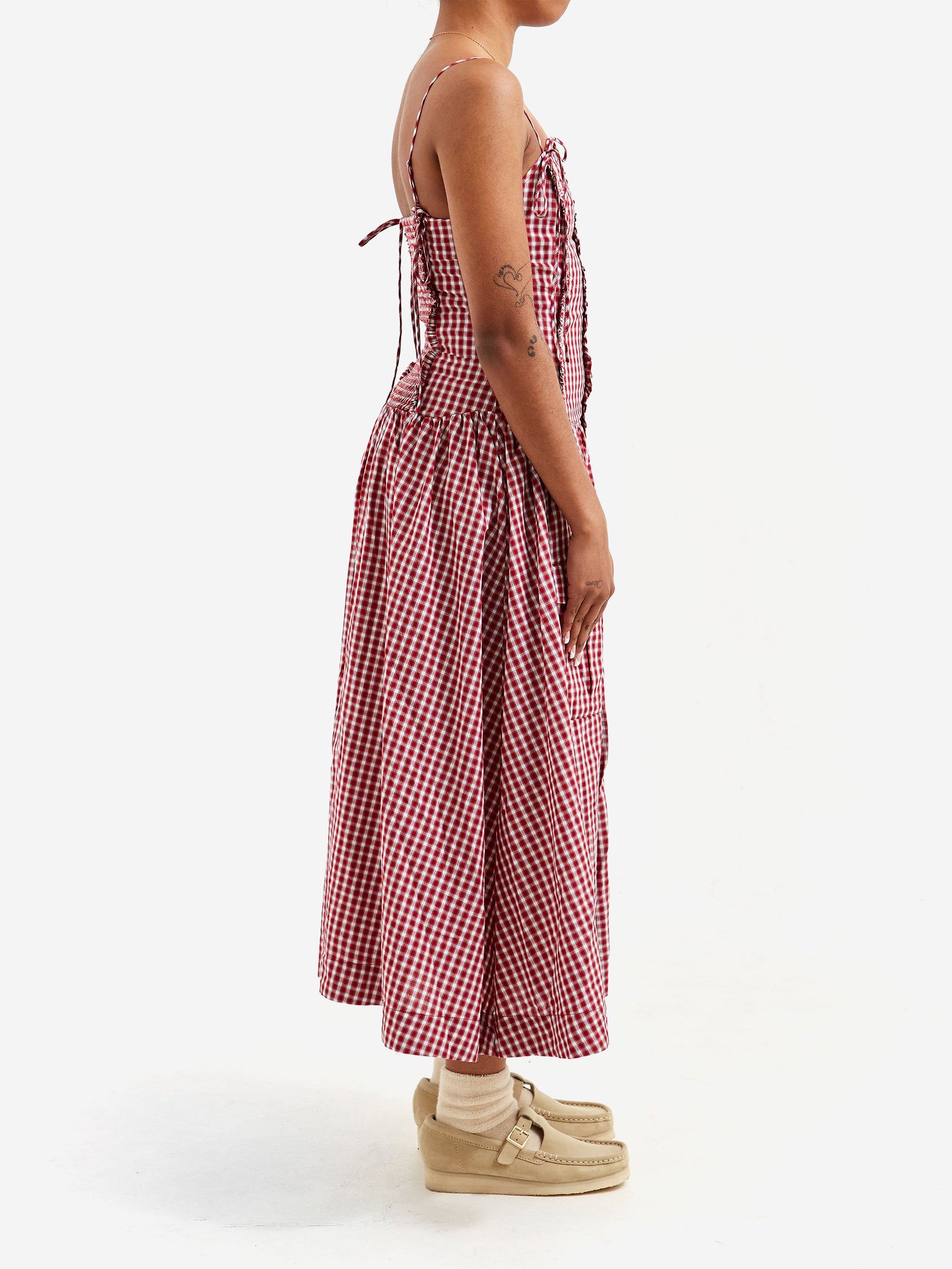 damson madder red gingham dress Damson Madder Dakota Red Gingham Bow Midi Dress
