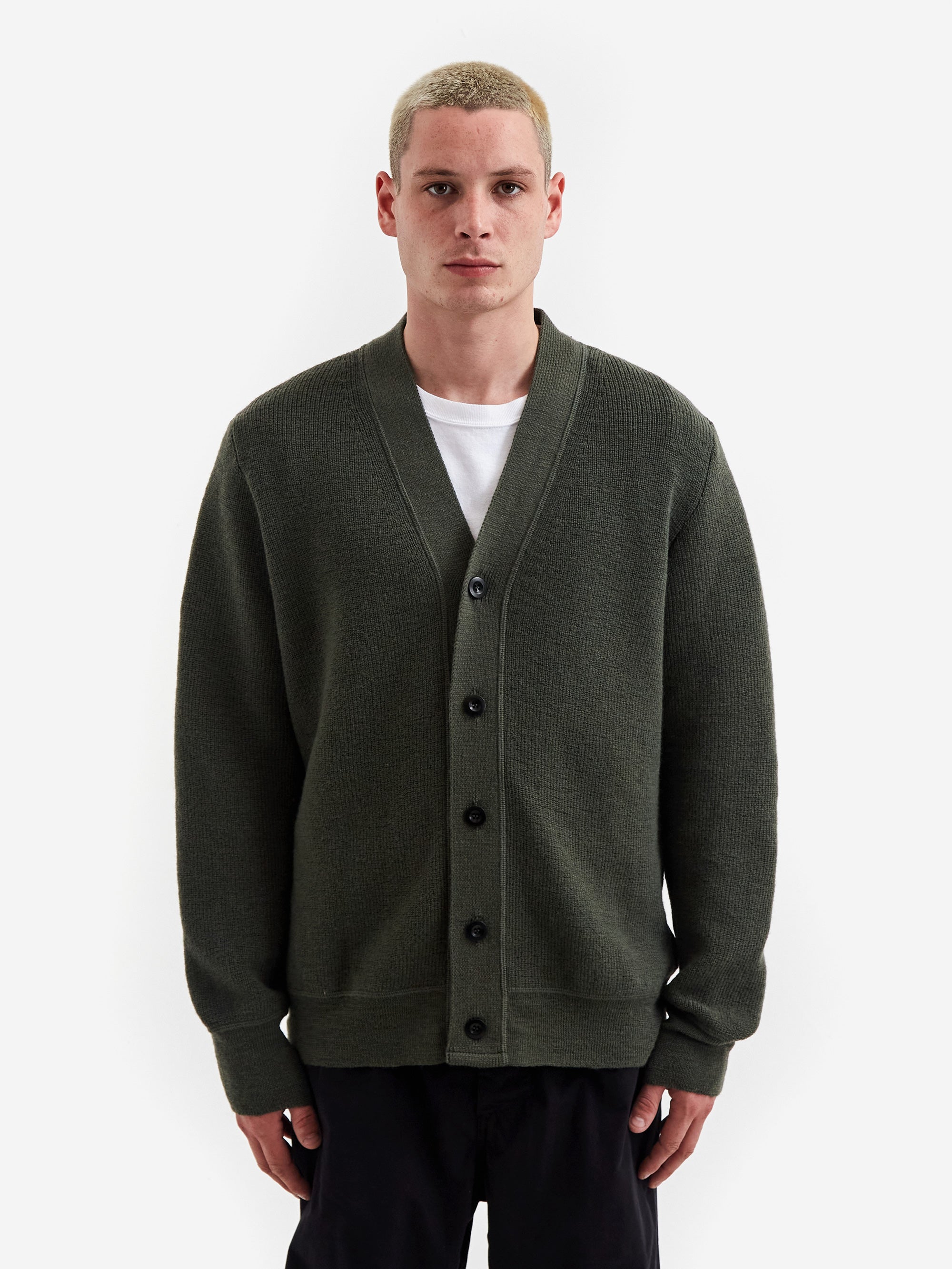MHL. By Margaret Howell Flatlock Cardigan Uniform Green Goodhood