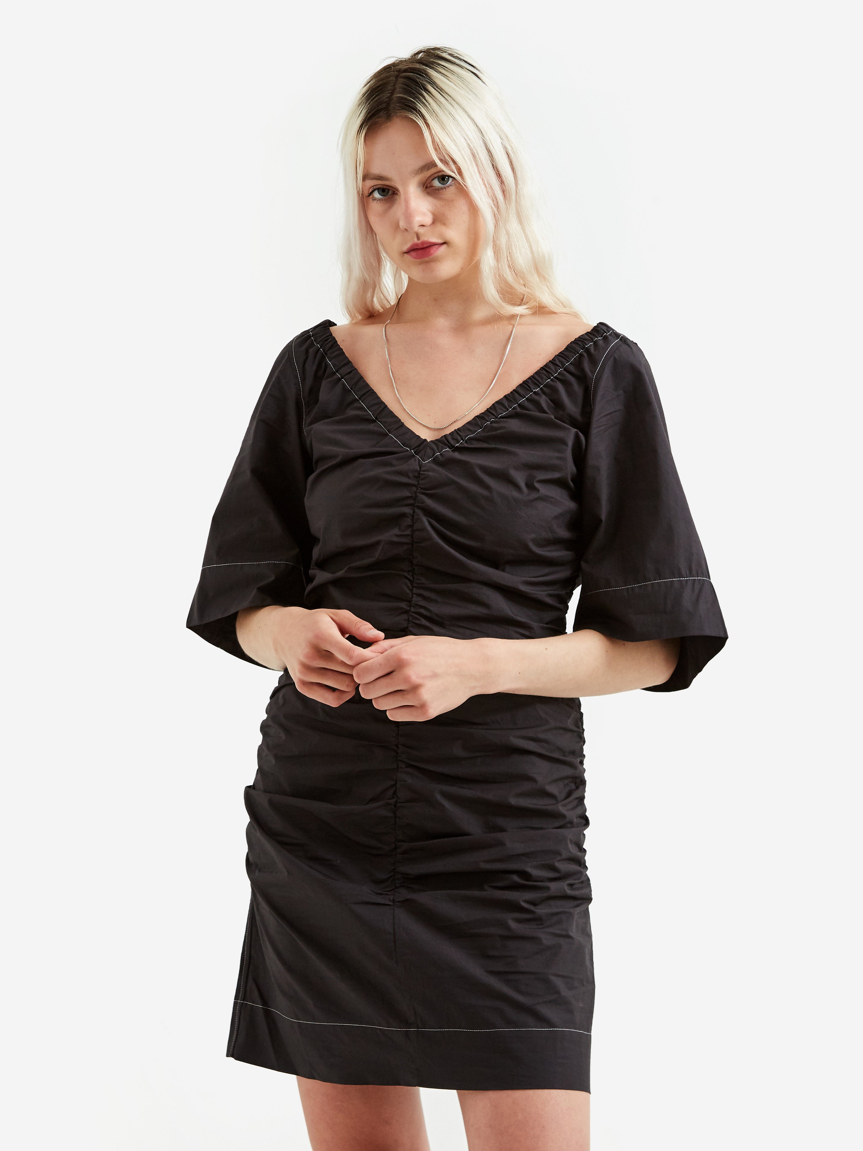 Ganni Cotton Poplin V-Neck Fitted Mini Dress - Black Ganni Cotton Poplin V-Neck Fitted Mini Dress - Black