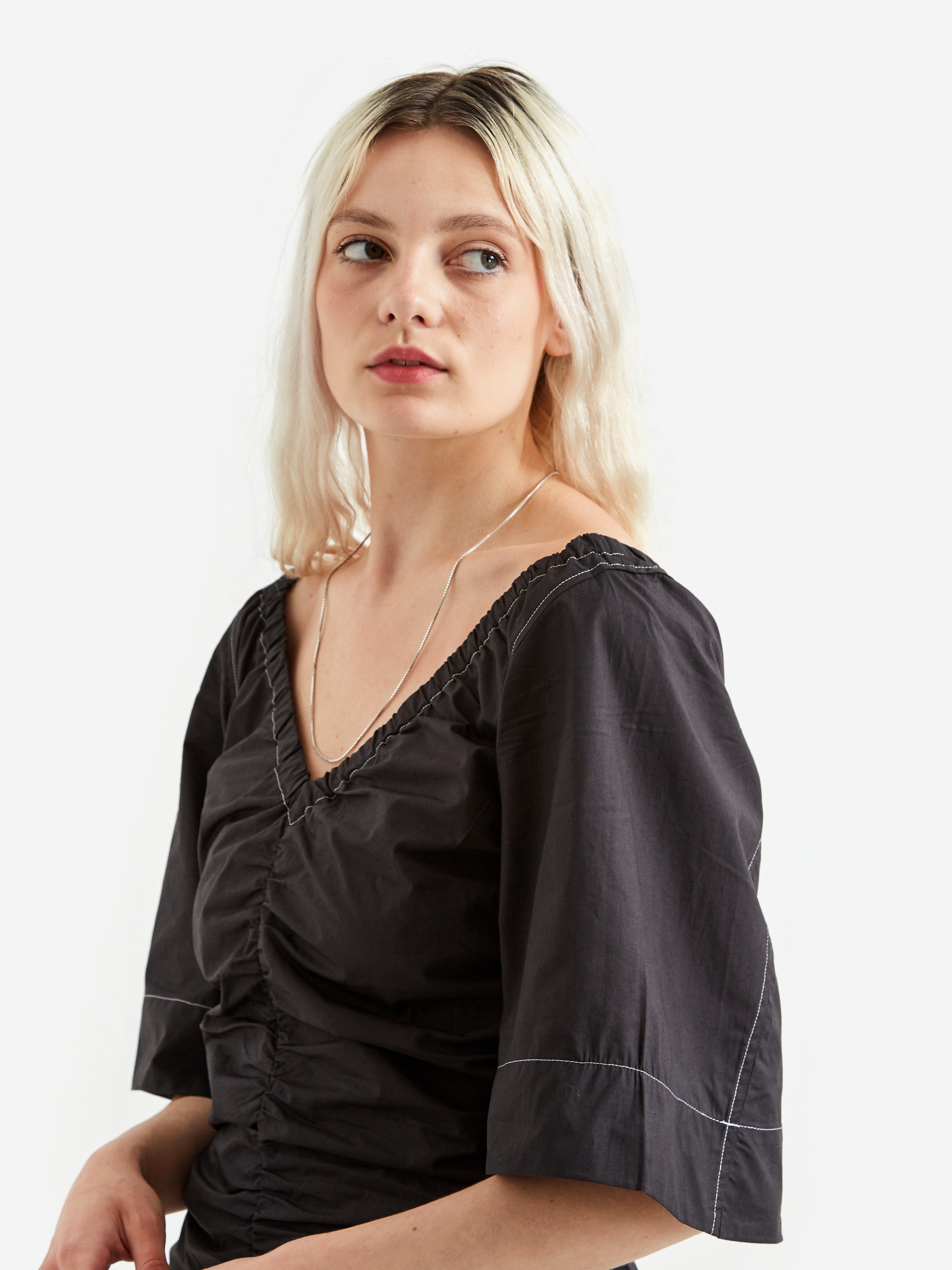Ganni Cotton Poplin V-Neck Fitted Mini Dress - Black Goodhood Ganni Cotton Poplin V-Neck Fitted Mini Dress - Black Goodhood