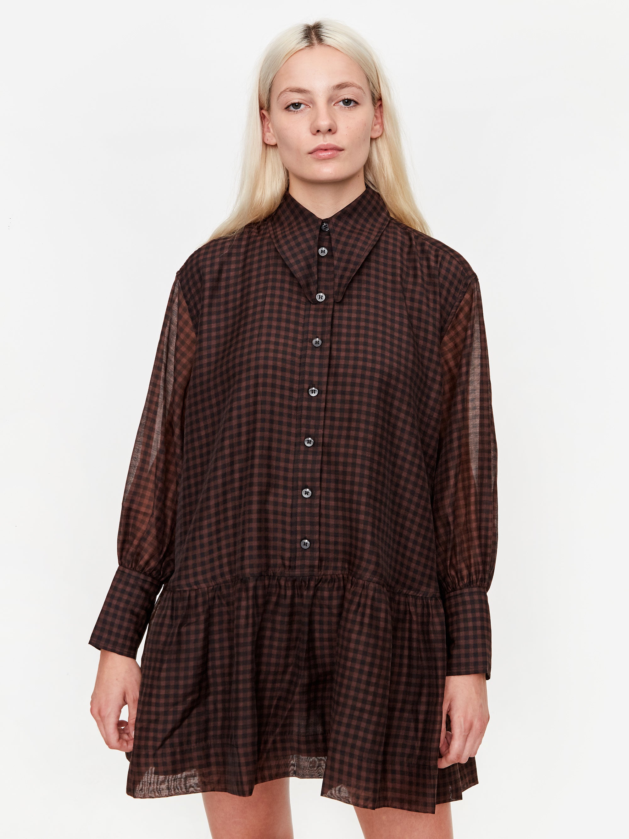 Ganni Oversize Organza Check Mini Dress - French Roast