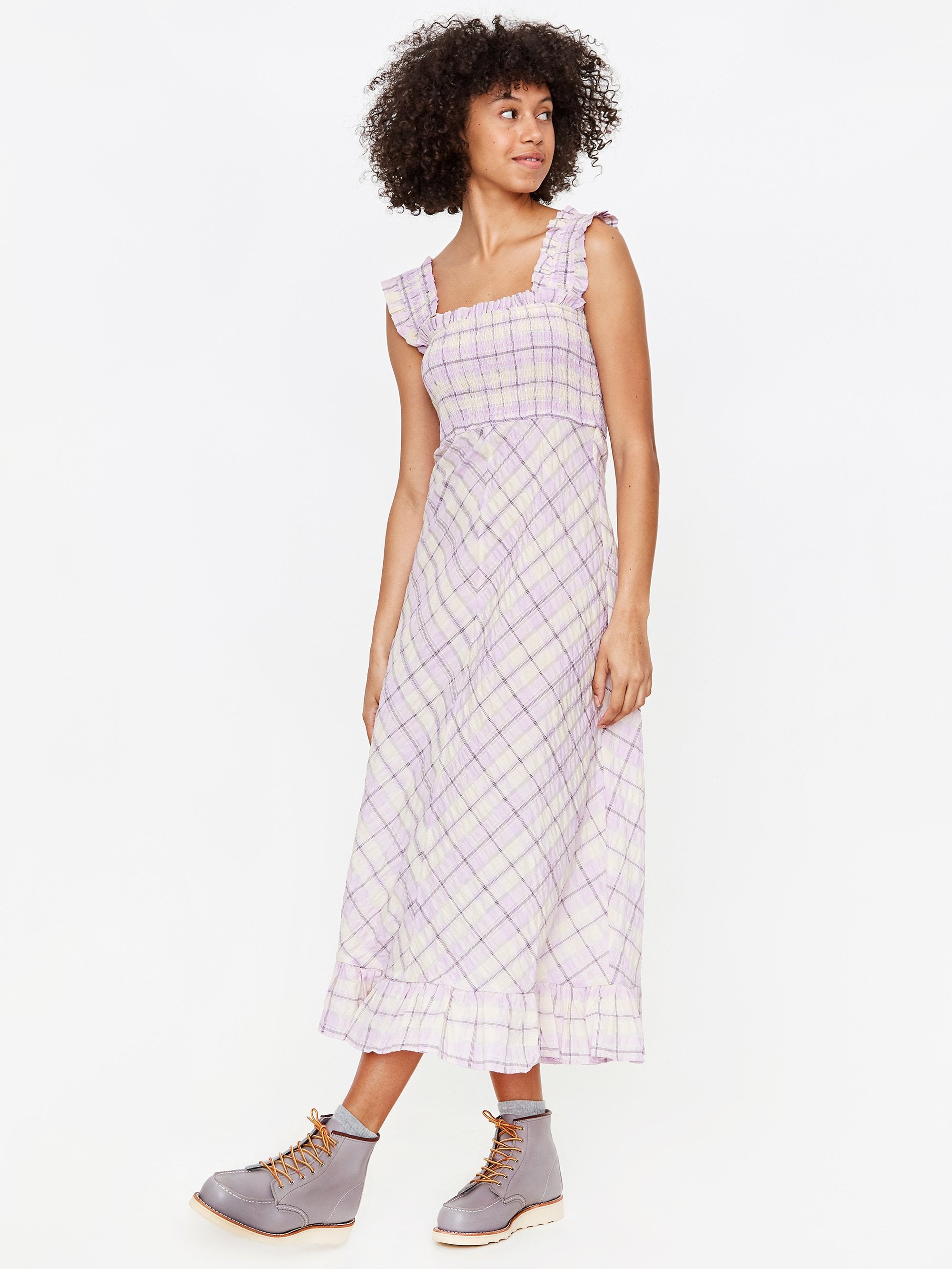 Ganni Pleated Seersucker Check Dress