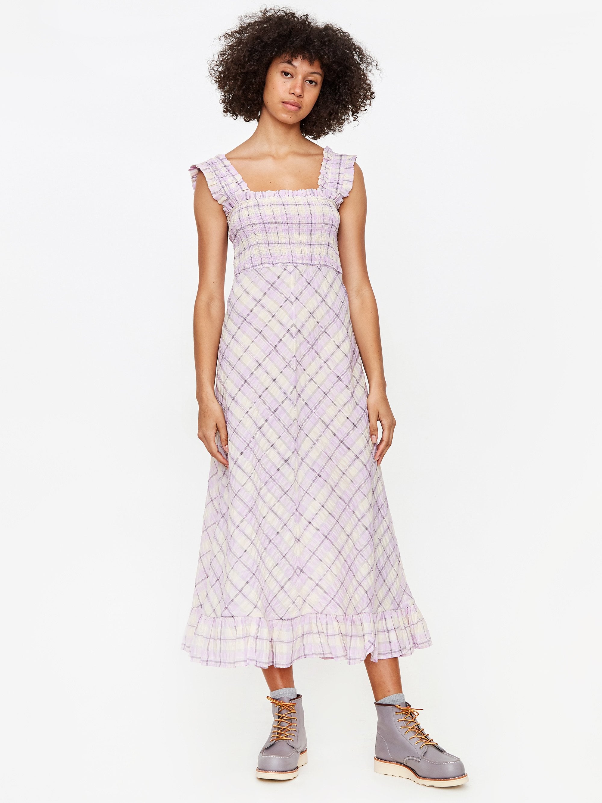Ganni Pleated Seersucker Check Dress Orchid Bloom – Goodhood