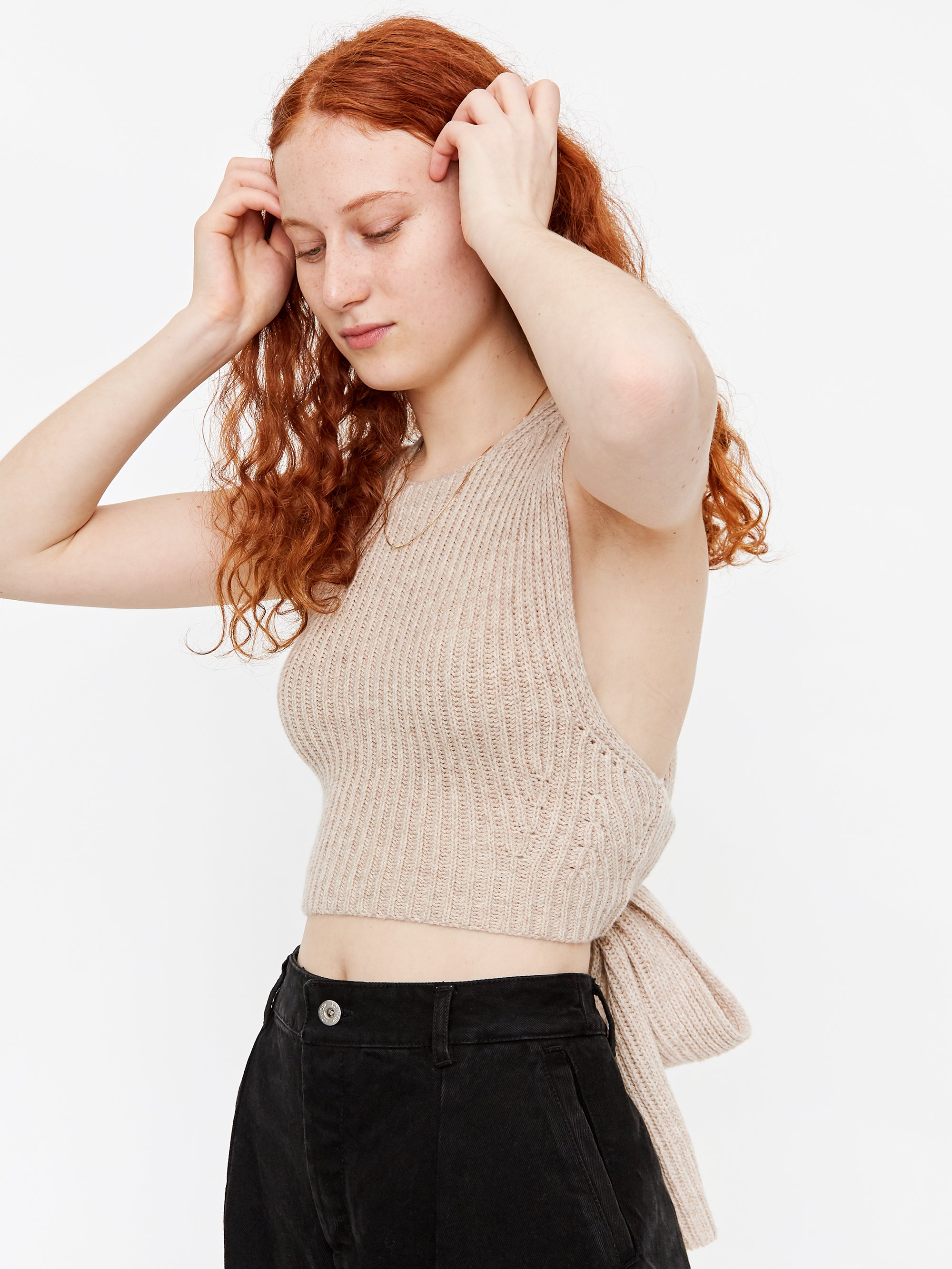 Ganni Rib Knit Tie Back Top Brazilian Sand Goodhood