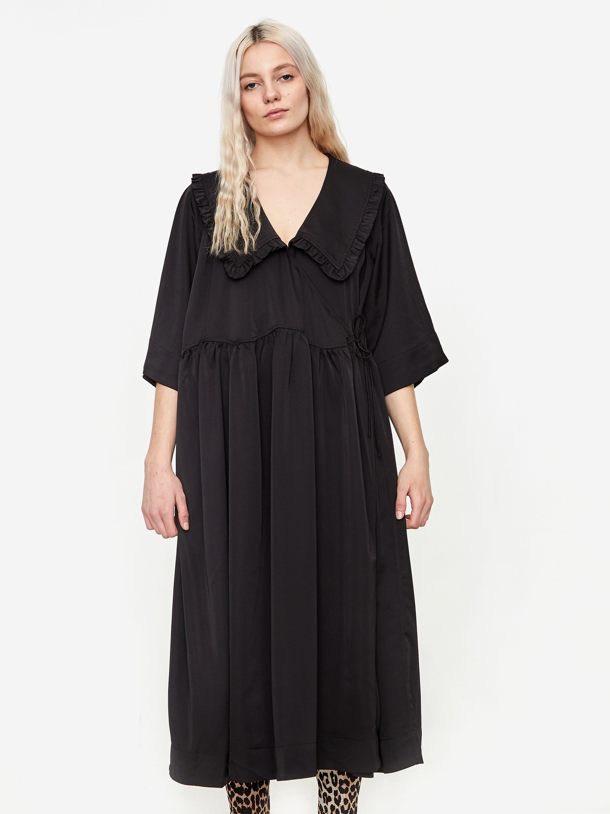 Ganni Ruffle Collar Wavy Waist Oversize Wrap Dress - Black Ganni Ruffle Collar Wavy Waist Oversize Wrap Dress - Black