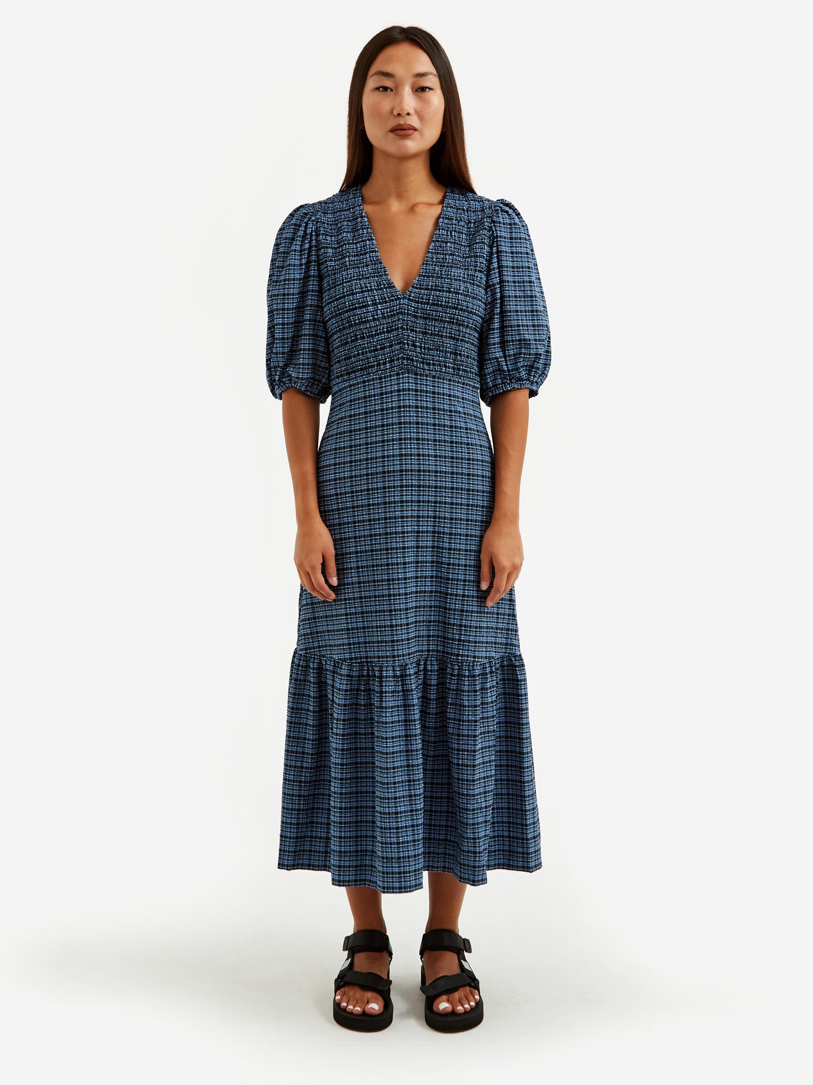 Ganni Stretch Seersucker Smock Dress Mini Check Granada Sky