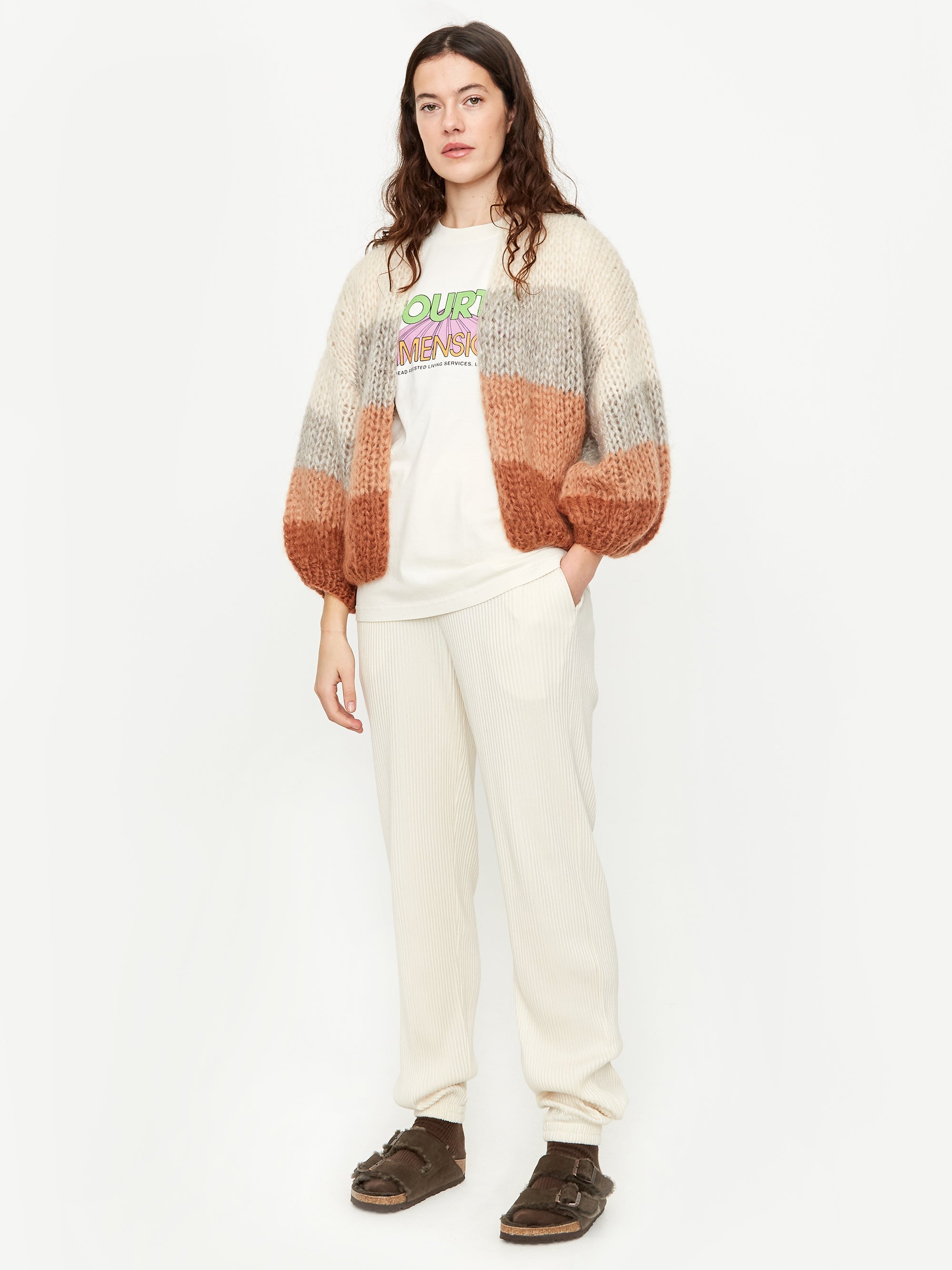 Maiami Mohair Big Bomber Colour Block Cardigan - Beige/Fawn