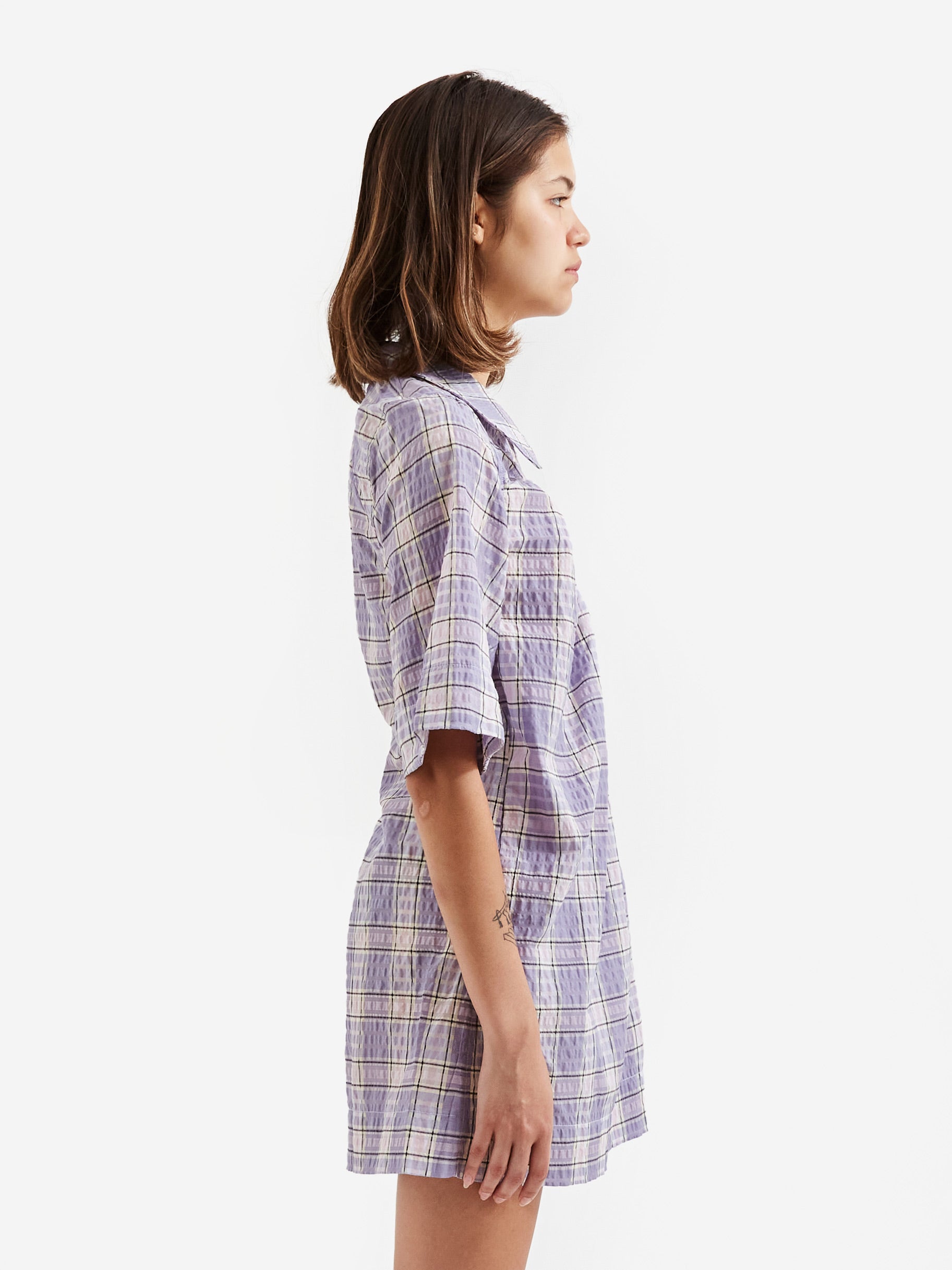 Ganni Seersucker Check Mini Wrap Dress Check Persian Violet