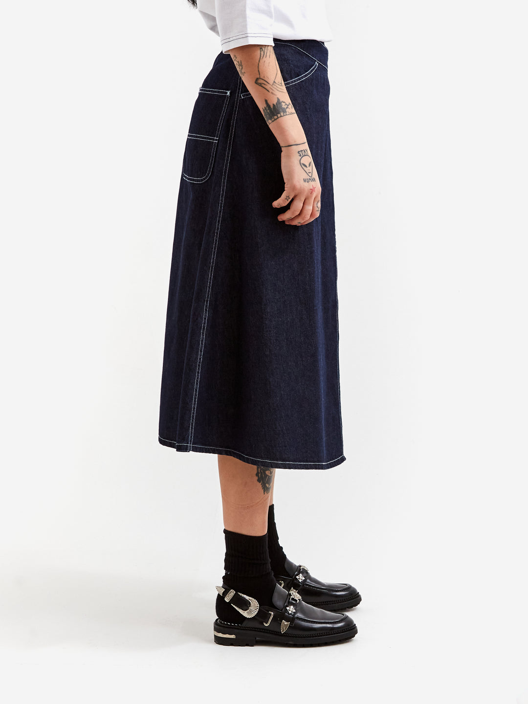 Beams Boy Wrapped Pleated Skirt in Black Denim