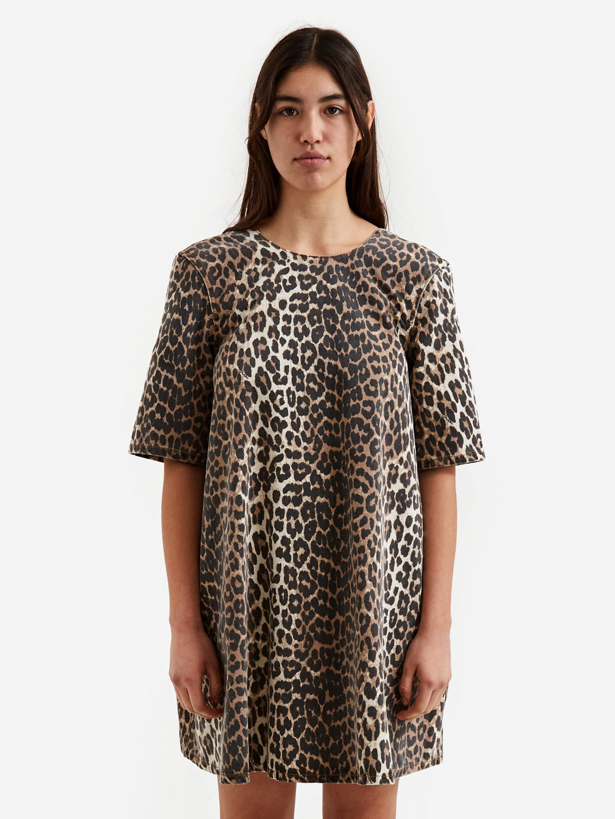 ganni leopard print denim dress Ganni Leopard Foiled Denim Mini Dress
